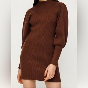 AVANTLOOK Bubble Sleeve Slim Knit Brown Sweater Dress Size Large NWT
